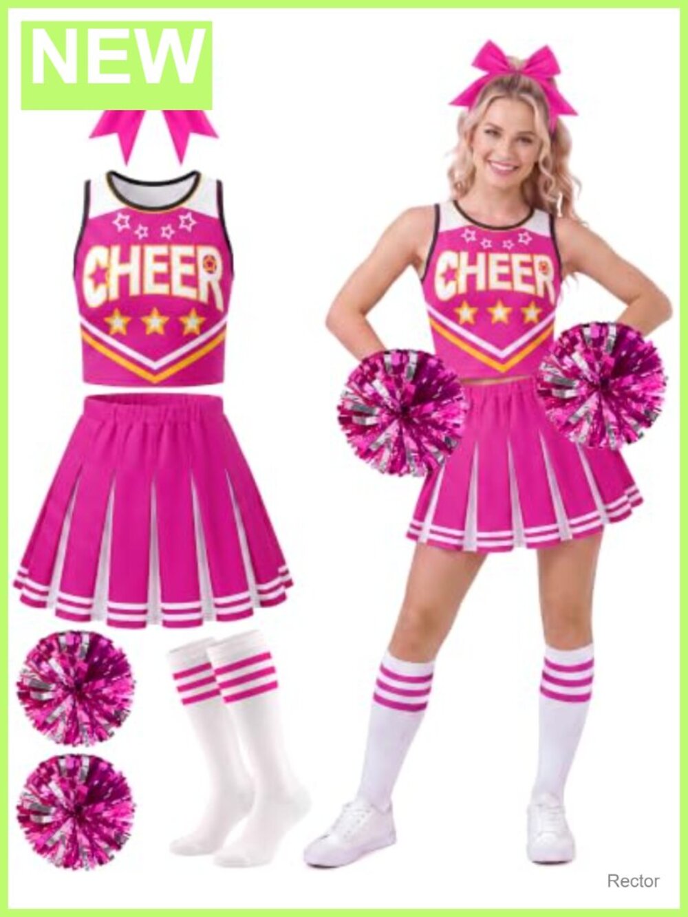 Cheerleader Costume Set Sleeveless Top Pleated Skirt Pom Poms Stockings